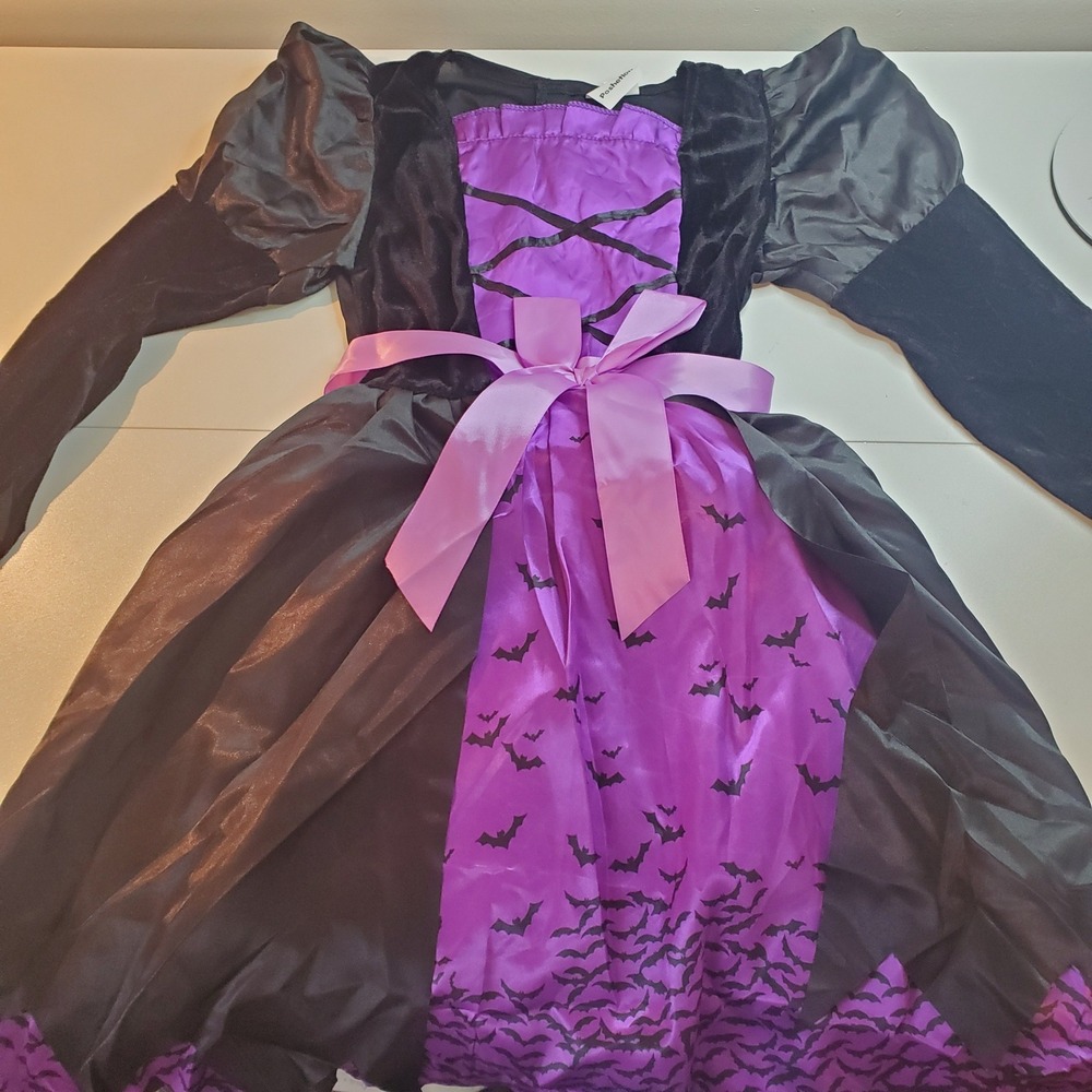 Kids Light Up Witch Costume Purple Black Bat Print Dress and Broomstick Set - Picture 10 of 14